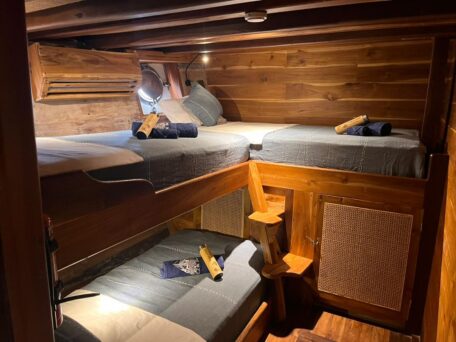 a room with bunk beds and wooden walls